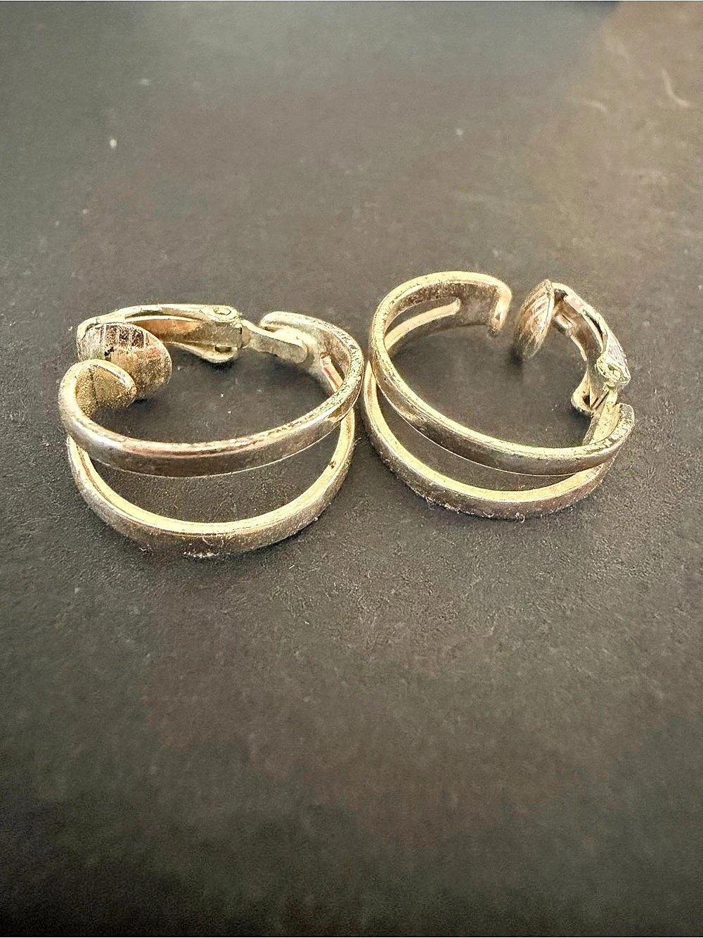 Vintage Silver Double Hoop Clip On Earrings Hinged Retro Costume Jewelry